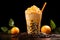 Refreshing bubble tea milkshake in glass with splashing milk tasty beverage concept