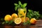 Refreshing citrus juice on wooden background, AI Generated