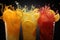 Refreshing Citrus Symphony: Energetic Splashes of Lemonade in Glasses. AI generation