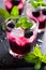 Refreshing cocktail with blueberry, ice and mint,