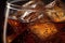 Refreshing Cola Delight A Close-Up View of a Sparkling Cola Drink with Glistening Ice Cubes. created with Generative AI