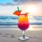 Refreshing colorful summer cocktail on the beach sand at sunset with blurred sea background. Tropical cocktail with ice cube and