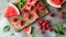 Refreshing Delicacy: Juicy Watermelon and Raspberry Ensemble on Elegant Grey Background