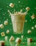 Refreshing Glass of Milk with Splashing Liquid and Flying Sugar Cubes on Vibrant Green Background