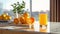 A refreshing glass of orange juice, filled to the brim with vibrant citrus goodness, placed on a kitchen countertop