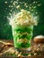 Refreshing Green Bubble Tea Drink with Whipped Cream and Flying Toppings on a Wooden Surface and Dark Green Background