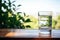 Refreshing hydration A clear glass of water on wooden flooring, space above