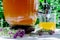 Refreshing kombucha tea with thyme in a glass old vintage bottle and a glass on backdrop of blurred flowers. Healthy