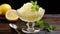 A refreshing lemon sorbet in a glass dish
