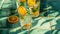 Refreshing lemonade drink in crystal glasses leaves orange slice on green tile background shadows. Sweet cold natural