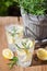 Refreshing lemonade drink with rosemary in glasses