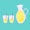 Refreshing lemonade illustration. A glass with a straw and a jug with lemons and ice cubes.