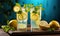 Refreshing lemonade in tall glasses adorned with fresh lemon slices and mint leaves on a rustic board against a vibrant blue