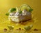 Refreshing Lime Cheesecake with Whipped Cream on Vibrant Yellow Background, Citrus Dessert Concept