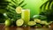 Refreshing lime juice in glass on wooden table with soft green background, ideal for text placement