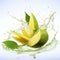 Refreshing Mango With Water Splash: Crisp Lines And Green Leaves