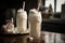 refreshing milkshake with chunks of ice and straws in the background