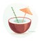 Refreshing milkshake, half a coconut, a straw and a cocktail umbrella on a gentle background. Summer illustration, vector