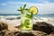 Refreshing mojito cocktail against the backdrop of a serene tropical beach scene. Ai generated