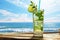 Refreshing mojito cocktail against the backdrop of a serene tropical beach scene. Ai generated