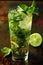 A refreshing mojito cocktail with crushed ice, garnished with abundant mint leaves