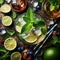 A refreshing mojito cocktail in a glass with fresh mint leaves, lime slices, and ice cubes on a rustic table with