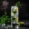Refreshing mojito made with muddled mint leaves, fresh lime juice, sugar, white rum, soda water. AI generated