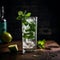 Refreshing mojito made with muddled mint leaves, fresh lime juice, sugar, white rum, soda water. AI generated