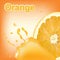 Refreshing orange background with drops of juice and piece of orange.