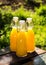 Refreshing orange juice in glass bottles. Cold drinks in the summer garden