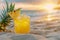 Refreshing pineapple cocktail in clear glass on sunny beach for a tropical summer escape