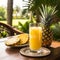 Refreshing pineapple juice drink with ice in a glass on the background of the tropical nature. Glass of Refreshing cold fruit