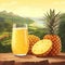 Refreshing pineapple juice drink with ice in a glass on the background of the tropical nature, illustration. Glass of Refreshing