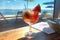 Refreshing pink cocktail by the sea. Waterlemon. Summer, beach and vacation