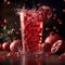 Refreshing pomegranate drink splashing in a glass surrounded by fresh fruit. vibrant beverage, perfect for summer ads