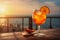 Refreshing Seaside Aperol Spritz: Classic Italian Aperitif Cocktail with Stunning Beach View. Perfect for a Relaxing