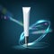 Refreshing skin care tube ads, elegant cosmetic product with chiffon isolated on bokeh light blue background