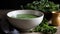 Refreshing Splash White bowl adorned with a vibrant splash of invigorating green juice, complemented by a scattering of fresh mint