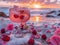 Refreshing Summer Cocktail Glass with Raspberries on Sandy Beach at Sunset with Sea View and Pink Roses