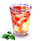 Refreshing summer drink with strawberries and mint in glass, iced tea with fresh fruits, isolated, hand drawn watercolor