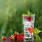 Refreshing summer drink in the sunshine, against a background of greenery, lots of strawberries and ice cubes, summer concept