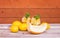 Refreshing summer melon lemonade, lemons and melon on aged wooden table
