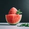 A refreshing watermelon sorbet served on slice of fresh watermelon. AI generative image.