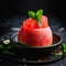 A refreshing watermelon sorbet served on slice of fresh watermelon. AI generative image.