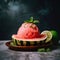 A refreshing watermelon sorbet served on slice of fresh watermelon. Generative AI image.