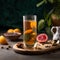 Refreshing Wong Lo Kat herbal tea in a tall glass with fresh fruits on table