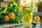 Refreshment drink with mint and citrus in a sunlit kitchen., Generated AI