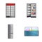 Refrigeration equipment icons set cartoon vector. Fridge showcase