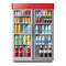 Refrigeration showcase with drinks in colorful bottles in flat style.