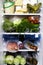 Refrigerator full of assorted food ingredients, vegetables, meat and dairy products close up health care, dieting concept